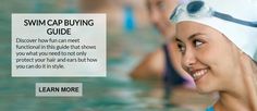 a woman wearing a swimming cap with the words swimcap buying guide written on it