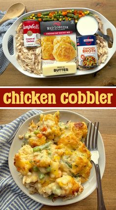 chicken cobbler on a white plate next to a blue and white dish with macaroni and cheese