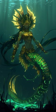 a digital painting of a mermaid with long hair and gold body, standing in the water