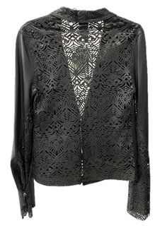 This leather jacket with mesh details on the collar, sleeve edges, and back is a swanky style move. Whether you go for regular or flared sleeves, it's all about your vibe – classic elegance or a more dynamic look. Those cool details bring a touch of charm and sophistication, making this jacket perfect for standout occasions.Size M Made in US Classic Long Sleeve Leather Jacket For Party, Luxury Tops For Night Out In Spring, Fitted Leather Jacket For Party, Elegant Leather Formal Tops, Elegant Leather Tops For Office, Elegant Leather Tops For Formal Occasions, Luxury Long Sleeve Leather Jacket For Party, Fitted Long Sleeve Leather Party Jacket, Elegant Formal Leather Tops