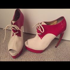 Gently Worn Walter Steiger Peep Toe Lace-Up Platform 6.25 Inch Heels Oxford Red/Off-White (The Canvass May Need A Little Cleaning) Walter Steiger Shoes, Walter Steiger, Oxford Platform, Oxford Heels, Womens Oxfords, Shoes Women Heels, Oxford Shoes, Oxford, Shoes Heels