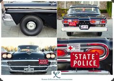 three pictures of classic cars with state police signs on the front and rear bumpers