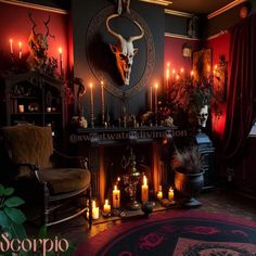 a living room with candles and an animal head on the wall