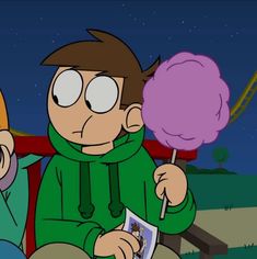 a cartoon character holding a pink lollipop in front of a person sitting on a bench