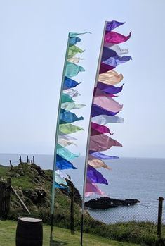 there are many flags blowing in the wind by the water's edge on a sunny day