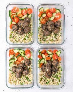 four plastic containers filled with meatballs, rice and veggies