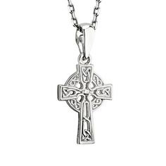 Very Small Celtic Cross Necklace - Sterling Silver | Thorleif's Cross Stone versions of this symbol were first erected across the Celtic region as early as the 9th century (during the Viking age). The famous Thorlief Hnakki Cross (found in Isle of Man) is an example of a stone Celtic cross carved with 100% Scandinavian Mammen art style and a runic inscription which dedicates the cross to Thorleif's son. One legend is that St. Patrick designed this symbol as a combination of the pagan sun cross s Classic Sterling Silver Cross Charm, Traditional Engraved Crucifix Necklace, Symbolic Engraved Crucifix Necklace, Classic Engraved Crucifix Necklace, Symbolic Hallmarked Cross Jewelry, Sterling Silver Cross Necklace With Intricate Design, Classic Engraved Crucifix Jewelry, Symbolic White Gold Cross Pendant Jewelry, Symbolic White Gold Cross Necklace