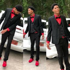 Red Prom Guy Outfit, Red Hoco Outfits For Guys, Red Prom Suits For Men, Black Prom Tuxedo Ideas, Red Prom Suits For Black Men, Prom Ideas For Guys, Red Tuxedo For Men Prom, Red Suit Prom, Black Tux Prom