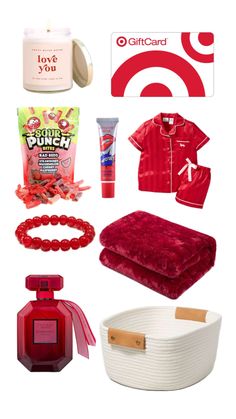 the contents of a gift set including a red shirt, bracelets and other items