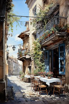 a painting of an alleyway with tables and chairs on the sidewalk in front of buildings