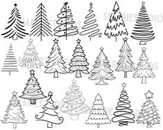 christmas trees are drawn in black and white