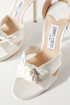 White Rosie 120 satin sandals | JIMMY CHOO | NET-A-PORTER Brodal Shoes, Outfit With White Sandals, Custom Wedding Heels, Wedding Shoes After Party, Wedding Shoes Bride Heels Open Toe, Satin Bridal Shoes, Timeless Wedding Shoes, Designer Wedding Heels, Wedding Day Heels