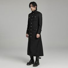 Elevate your gothic style with our Men's Gothic Stand Collar Big-pocket Coat, meticulously crafted from non-stretch woven fabric for a sophisticated yet edgy look. This coat is a perfect fusion of gothic aesthetics and functional design, making it a standout piece in your wardrobe. 
 
The detailed design includes a stand collar that exudes elegance and adds a touch of mystery to your ensemble. The coat features multiple big pockets, providing practical storage while enhancing the overall gothic Gothic Long Coat With Buttons, Alternative Black Outerwear With Pockets, Gothic Outerwear With Buttons For Alternative Fashion, Gothic Outerwear For Alternative Fashion With Buttons, Gothic Black Outerwear With Button Closure, Black Gothic Outerwear With Buttons, Gothic Black Outerwear With Pockets, Black Gothic Outerwear With Pockets, Punk Style Formal Winter Outerwear