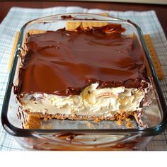 a chocolate dessert in a glass dish on a table