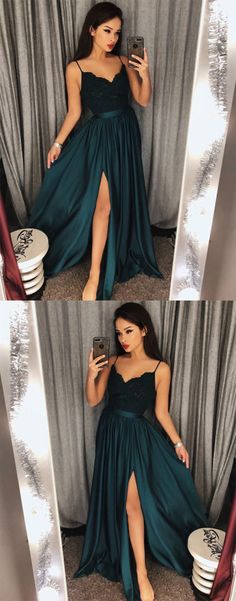 dark green lace long prom dress, evening dress, formal dress Dark Green Prom Dress, Dark Green Prom Dresses, Prom Dress Green, Split Prom Dresses, Prom Dresses Long Lace, Gorgeous Prom Dresses, Prom Dresses 2018, Simple Prom Dress, Lace Prom Dress