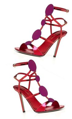 two pairs of red and purple high heeled sandals with circles on the ankle straps