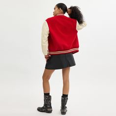 A symbol of team spirit and authentic American cool this vintage-inspired varsity jacket is an iconic Coach silhouette. Crafted in a mix of recycled wool and recycled polyester it's finished with smooth leather sleeves welt pockets signature striped ribbed trim and our embroidered cursive Coach script. | Coach Varsity Jacket - Women's Size XS - Red Retro Outerwear With Baseball Collar And Ribbed Cuffs, Retro Long Sleeve Varsity Jacket For Campus, Winter Campus Outerwear With Baseball Collar, Winter Outerwear With Baseball Collar For Campus, Varsity Jacket With Ribbed Cuffs For Game Day, Varsity Outerwear For Fall Campus, Varsity Outerwear For Fall Campus Season, Varsity Style Fall Outerwear For Campus, Casual Fall Outerwear With Contrast Stripes