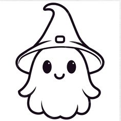 a black and white drawing of a cute little ghost with a hat on it's head