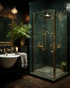 a bath room with a sink and a stand up shower