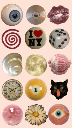 many different types of buttons and magnets on a pink background