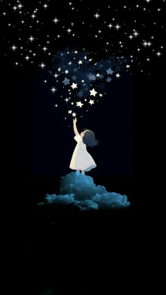 a girl reaching up to the stars in the sky