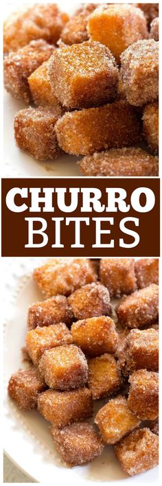 there are two pictures of churro bites on the same plate