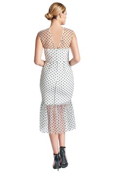 Model wearing white mesh with black polka dots sleeveless midi dress with sheer ruffle hem and round neckline. Spring Party Midi Dress With Swiss Dot, Evening Swiss Dot Fitted Dress, Fitted Swiss Dot Evening Dress, Swiss Dot Midi Party Dress, Fitted Swiss Dot Midi Dress, Fitted Sleeveless Mesh Midi Dress, Chic Fitted Swiss Dot Midi Dress, Chic Party Mesh Midi Dress, Chic Mesh Midi Party Dress