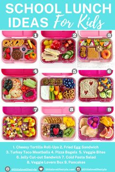 the back to school lunch ideas for kids are organized in pink plastic containers and filled with food