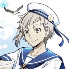 an anime character wearing a sailor's outfit and holding a bird in the sky