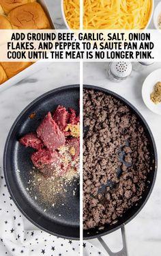 two pictures showing how to make ground beef and garlic in a skillet with other ingredients