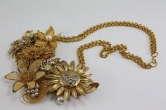 Vintage Gold Flowers Metal Pearls Rhinestone by cybersenora, $225.00 Gold Embellished Wedding Jewelry, Gold Embellished Bridal Necklace For Party, Gold Embellished Jewelry For Formal Occasions, Trifari Brooch, Statement Bib Necklace, Vintage Trifari, Handcrafted Necklace, Diy Vintage, Hand Crafted Gifts