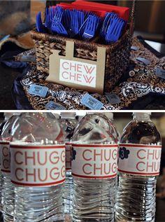 there are three bottles of water on the table and one has a sign that says chug chugs