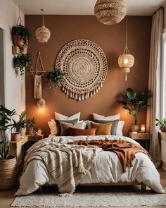 a bedroom with brown walls and lots of plants on the wall, including potted plants