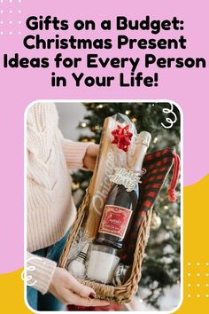 a woman holding a christmas present in her hand with the words gifts on a budget christmas present ideas for every person in your life