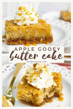 an apple gooey butter cake with whipped cream on top