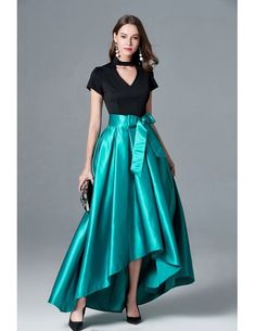 Black And Green Hi Low Formal Dress With Cap Sleeves Homecoming Dresses High Low, Dress With Cap Sleeves, Satin Evening Dresses, A Line Prom Dresses, Rock Chic, Applique Dress, Career Dress, Cheap Prom Dresses, Stylish Dresses