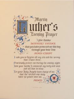 an illuminated manuscript with the words martin luther's evening prayer printed in blue and red