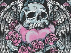 a skull with wings and roses on it