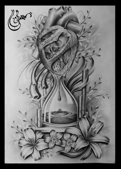 a drawing of an hourglass with a heart and flowers on the bottom half of it