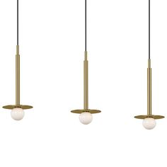 three brass colored pendant lights hanging from the ceiling