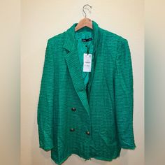 Nwt Never Worn Very Oversized Green Formal Outerwear For Spring, Elegant Green Spring Outerwear, Spring Party Double-breasted Outerwear, Zara Green Long-sleeve Blazer, Zara Green Long Sleeve Blazer, Elegant Green Zara Outerwear, Zara Green Office Outerwear, Zara Double-breasted Party Outerwear, Zara Green Formal Outerwear