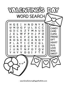 valentine's day word search with hearts and candy on the side, in black and white