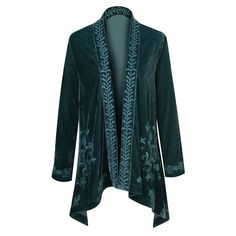 This stunning velvet cardigan is so versatile, it can go from errands to evening in the same day. Gorgeous floral embroidery tumbles down the open front and continues around the bottom hem and sleeves. It adds the perfect layer of stylish warmth. The sharkbite hem falls about halfway down the thigh. The elegant polyester/spandex velvet is dry clean only. Imported. Women's M, L, XL, 1X, 2X, or 3X. Specify Blush, Teal, Raspberry, Purple, or Gray. Velvet Suit Jacket, Hippie Jacket, Velvet Cardigan, Eclectic Clothing, Embroidered Kimono, Velvet Kimono, Boho Cardigan, Embroidered Velvet, Velvet Suit