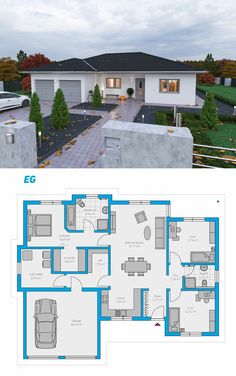 two story house with blue trim and floor plans