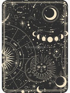 a black and white poster with the sun, moon and stars on it's sides