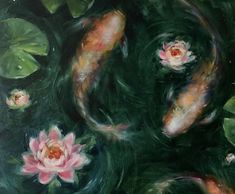 an oil painting of koi fish and lily pads