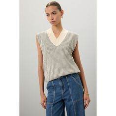 Off-white geometric knit (100% Cotton). Vest. Sleeveless. V-neck. Pull on. 23.5" from shoulder to hemline. Imported. Geometric Knit, Slouchy Sweater, Cotton Vest, Rent The Runway, Closet Designs, Work Looks, V Neck Sweater, Black Print, Sweater Vest