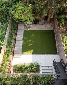 an aerial view of a backyard with grass