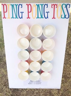 there are many cups and saucers on the sign for ping pong tots