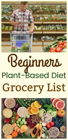 a man pushing a shopping cart through a grocery store filled with fruits and vegetables, text reads beginners plant - based diet grocery list